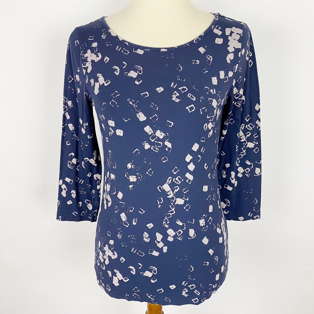 Joan Vass Studio Abstract Geometric 3/4 Sleeve Scoop Neck Top Womens Small‎ Navy